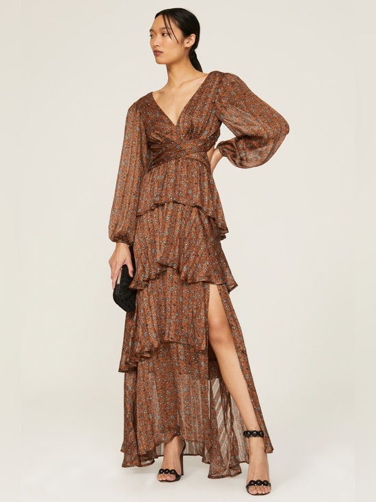 Astr Dresses & Skirts - Astr Anora Brown Floral Tiered V-Neck Maxi Dress